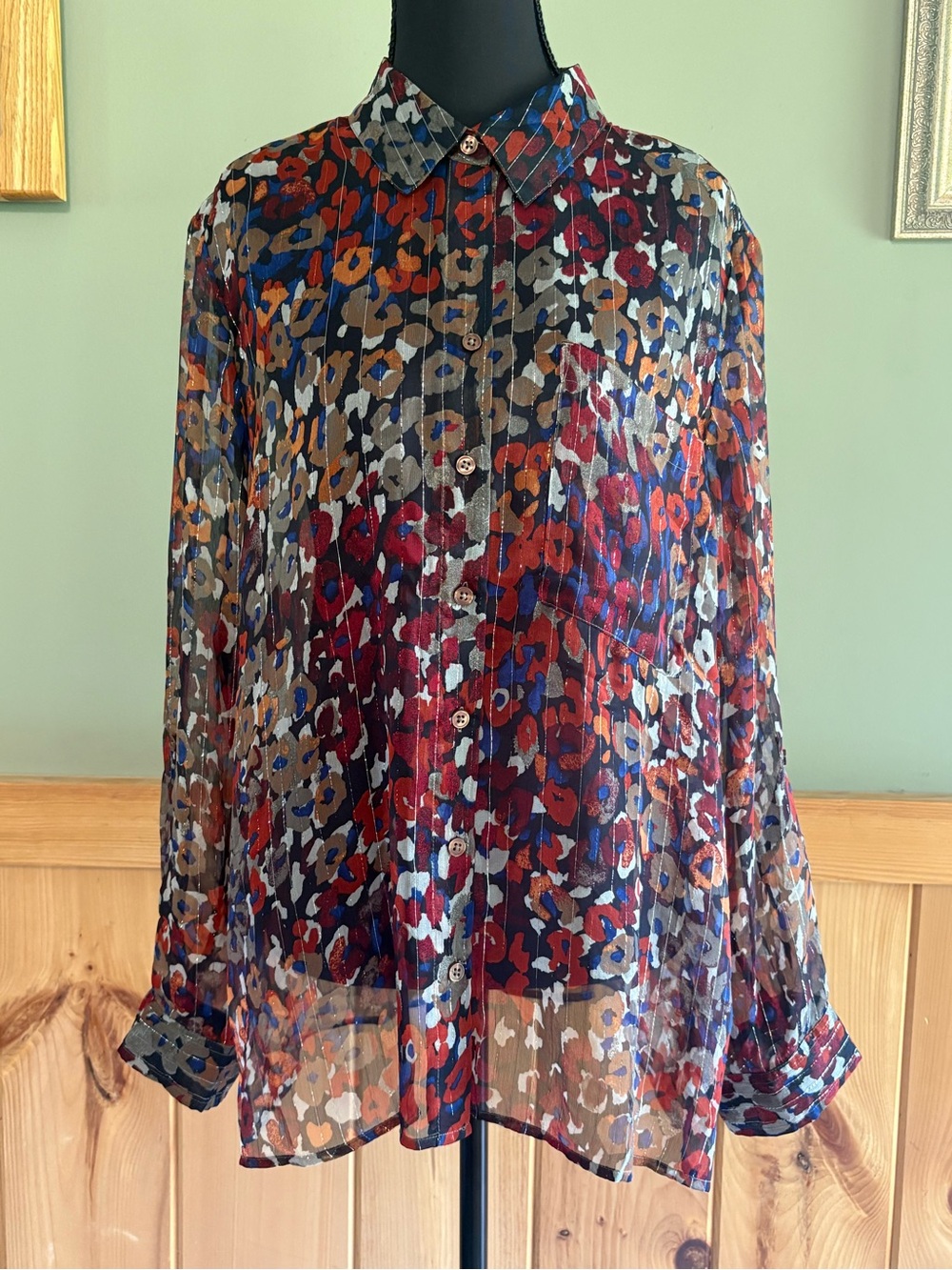 Chico's Sz 2 Multicolor Sheer Leopard-Print Button Front Blouse US size 12 NWT